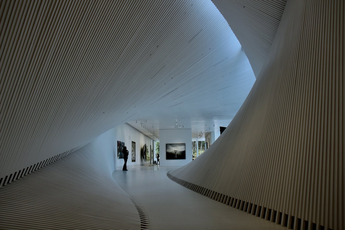 People viewing art in a modern gallery with curved walls.