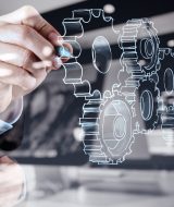 Double,Exposure,Of,Businessman,Hand,Draws,Gear,To,Success,Concept